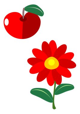 Basit şekiller çiçek ve elma meyve - kırmızı yeşil illüstrasyon - simge olarak kullanılabilir