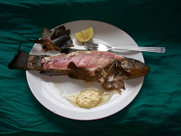 roast fish, skin removed, on a platter with mayonnaise and a quarter of lemon, during the meal, tasty and healthy