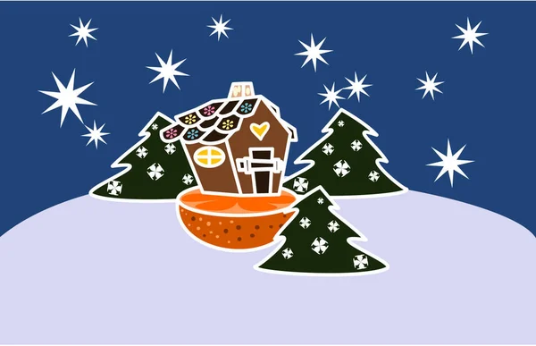 Casa Jengibre Pie Sobre Una Naranja Cortada Bosque Cubierto Nieve — Vector de stock