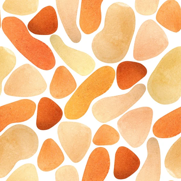 Watercolor hand drawn abstract print with strokes of paint of rounded shapes in trend colors on a white background. Seamless pattern with orange, beige and peach pebbles.