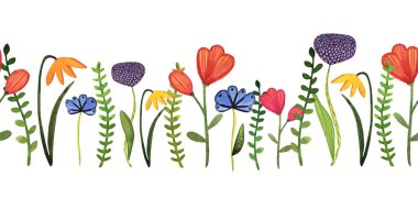 Beyaz arka planda dekoratif bitkilerle el çizimi, pürüzsüz bir sınır. Yaz sınırı davetiyeler, yazdırma, tebrik kartları için uygundur.