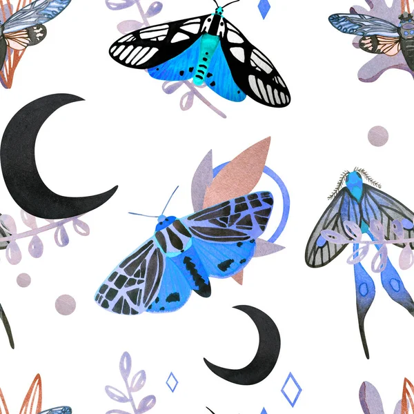 Безшовний Візерунок Блакитною Метеликою Місяцем Білому Тлі Ручний Акварельний Містичний — стокове фото
