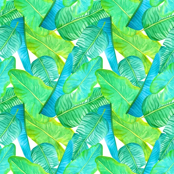 手绘水彩画无缝图案 棕榈叶白色背景 明亮的热带印花 绿松石和浅绿色叶子 — 图库照片