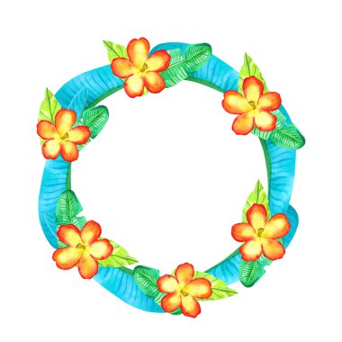 Egzotik bitkilerden elle çizilmiş suluboya çelenk. Beyaz arka planda izole edilmiş. Parlak yaprakların yuvarlak çerçevesi ve kırmızı-sarı amber çiçeği.