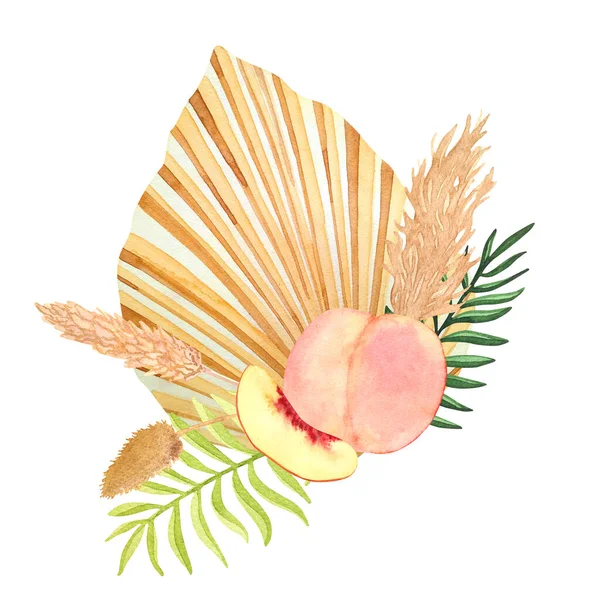 Hand-drawn watercolor composition with dried flowers and peach isolated on a white background. A decorative element with a palm leaf in a boho style is suitable for wedding invitations, posters, wallpapers.