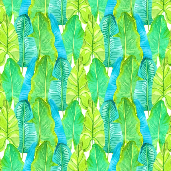 水彩鲜艳的无缝图案 香蕉叶在白色的背景上 热带印刷 绿松石和明亮的绿叶 — 图库照片