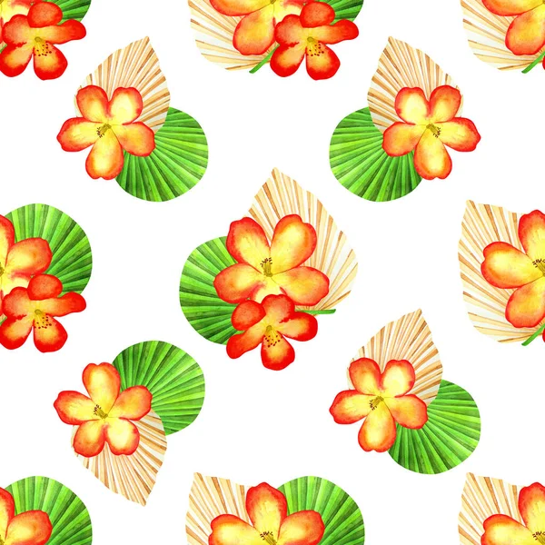 Tropical print with red-yellow flowers and palm leaves on a white background. Hand-drawn watercolor seamless pattern with summer compositions of exotic plants.
