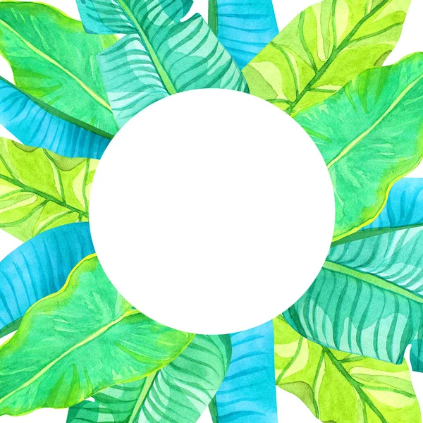 明亮的香蕉叶的水彩画框架有一个书写的地方 夏季邀请函 壁纸的热带框架 — 图库照片