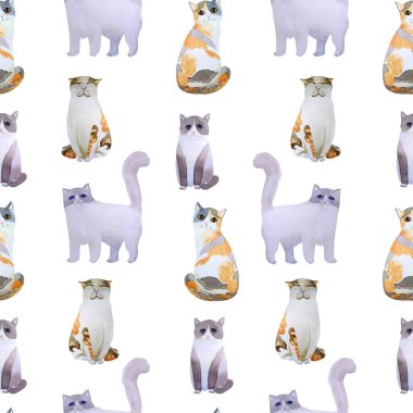 Beyaz arka planda farklı kediler olan basit bir iz. Elle çizilmiş suluboya kedilerle kusursuz desen.