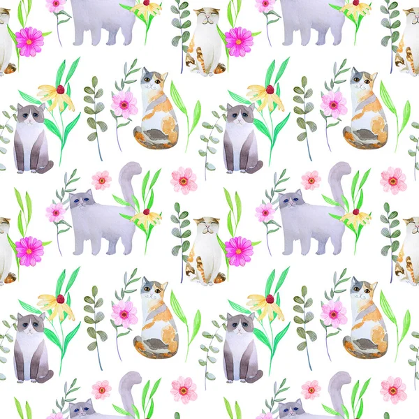 Seamless pattern with different cats and plants on a white background. Hand-drawn watercolor cats walking among the flowers.