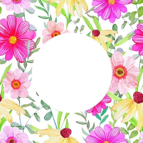 Kézzel Rajzolt Akvarell Négyzet Alakú Virágkeret Kerek Hely Rögzítésére Színes — Stock Fotó