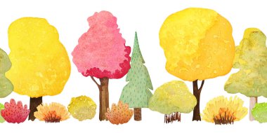 Beyaz arka planda sonbahar ağaçları olan suluboya kusursuz bir sınır. Sonbahar parkı ya da orman.