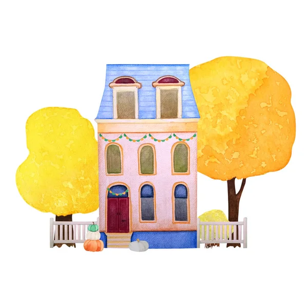 レトロな家やカボチャと秋の組成 黄色の木を背景に手描き水彩秋のお祝いのヴィンテージハウス — ストック写真