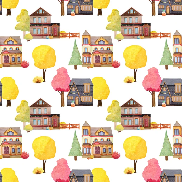 Watercolor Seamless Pattern Autumn Houses White Background Print Houses Decorated — Stock Photo, Image