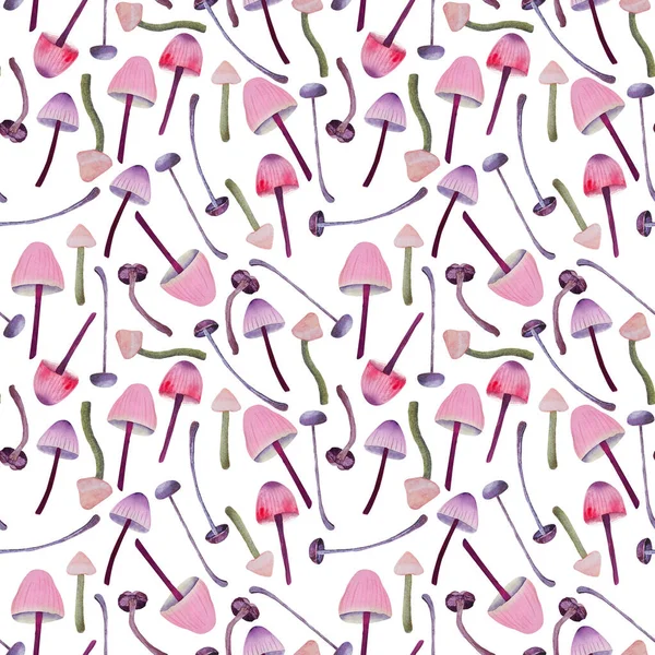 Безшовний Візерунок Рожевими Фіолетовими Грибами Білому Тлі Мальований Вручну Акварельний — стокове фото