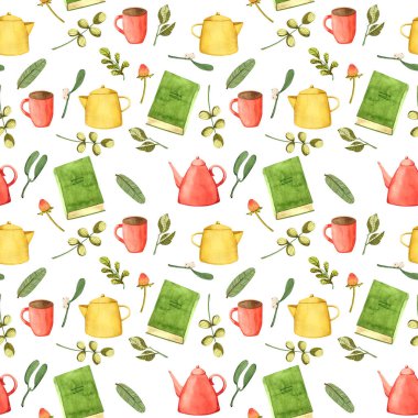 Sıcak elementlerle suluboya deseni - sıcak bir içecek, yapraklar, böğürtlenler, çaydanlıklar ve kitaplarla bardaklar.