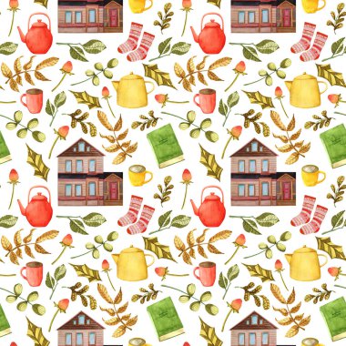 Suluboya sonbahar şablonu. Beyaz arka planda evleri, yaprakları, meyveleri, kitapları, çaydanlıkları ve fincanları olan kusursuz bir baskı..