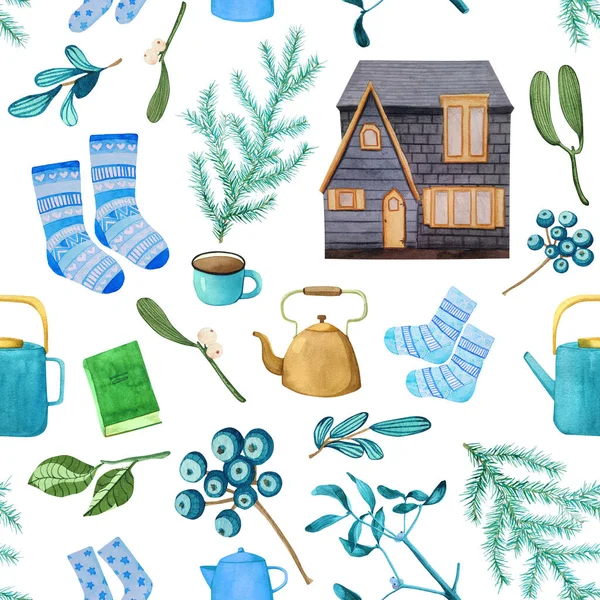 Cozy winter pattern painted in watercolor. Seamless print with house, winter botany, teapot with cups, books and cute socks.