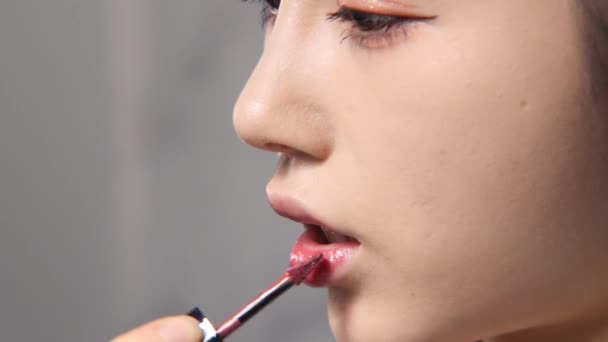 Professionelle Make Artist Macht Lippen Make Von Asiatischen Mädchen Asiatische — Stockvideo