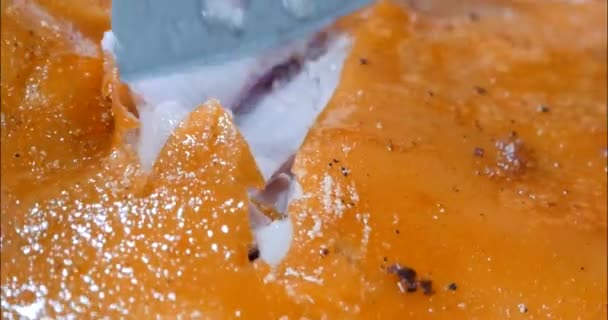 Knife Cut Divide Crispy Pork Skin Wooden Chopping Board Crunchy — Stock Video