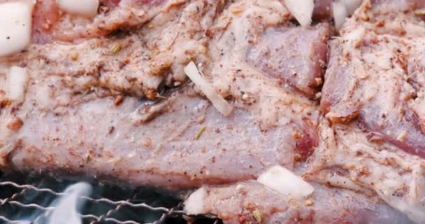 生羊腿在烧烤 肉用大蒜 生姜调味 烤肉上的肉看起来很好吃 — 图库视频影像