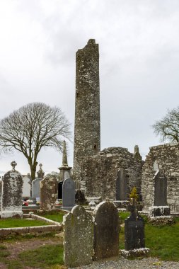 Monasterboice, kilise harabeleri, yuvarlak kule ve Kelt haçlarıyla dolu bir ortaçağ sahası..