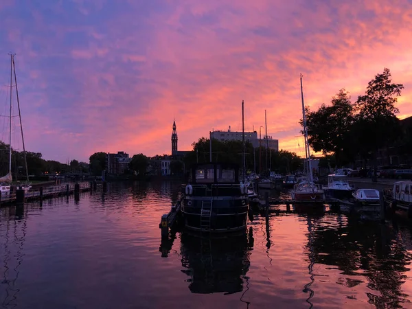 Solnedgång Oosterhaven Groningen Nederländerna — Stockfoto