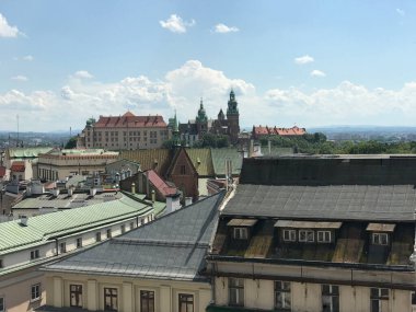 Wawel Kraliyet Kalesi Krakow Polonya 'daki belediye binasından görüldü.