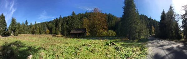 Panorama Una Pequeña Casa Una Carretera Bosque Alrededor Ardeluta Rumania — Foto de Stock