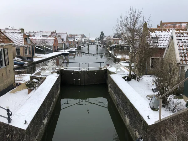 Kanaalsluis Hindeloopen Tijdens Winter Friesland — Stockfoto