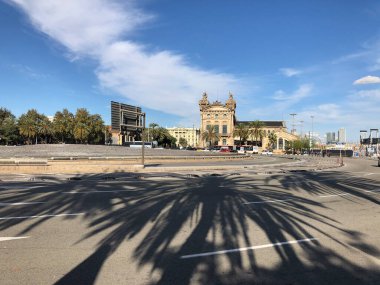 Barselona İspanya 'da Drassanes kavşağında palmiye ağaçları gölgeleniyor.