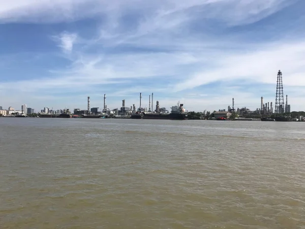 Industri Med Fartyg Längs Chao Phraya River Bangkok Thailand — Stockfoto