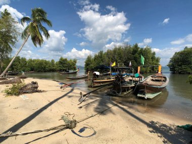 Koh Mook Tayland 'da uzun kuyruklu tekneler.