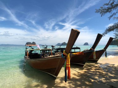 Tayland 'da Koh Ngai sahilinde uzun kuyruklu tekneler.