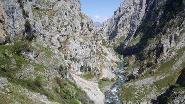 Rio, İspanya 'da Senda en la Ruta del Cares nehrine bakar.