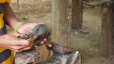 Sri Lanka 'da küçük tahta bir fil heykeli oyan bir adam.
