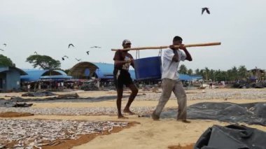 Negombo sahilinden geçen gülümseyen balıkçılar, batı kıyısı, Sri Lanka