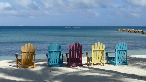 Sedie Colorate Sulla Spiaggia Palme Aruba — Video Stock