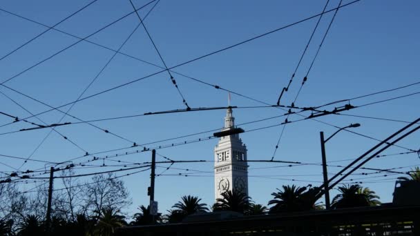 旧金山渡船大楼 有公共汽车线路和一辆路过的公共汽车 — 图库视频影像