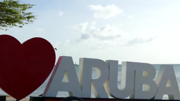 Närbild Från Love Aruba Tecken Med Drake Surfare Bakgrunden — Stockvideo