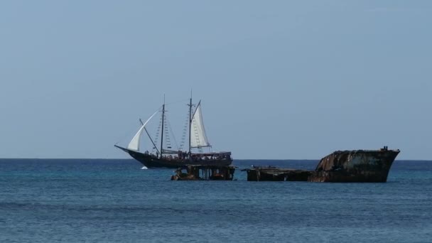 Buque Vela Pasando Por Barco Naufragado Frente Orilla Aruba — Vídeo de stock