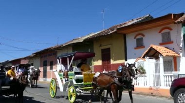 Granada Nikaragua 'da renkli evleri olan bir sokakta atlar ve arabalar geçiyor.