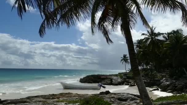 Pequeña Bahía Con Bote Palmeras Costa Tulum Yucatan México — Vídeo de stock