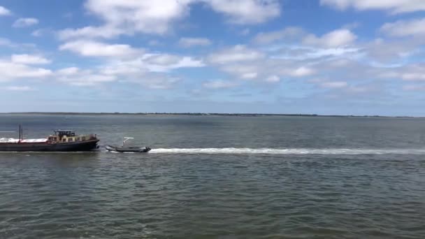 Ferry Passing Cargo Ship Wadden Sea Close Schiermonnikoog Netherlands — Stock Video