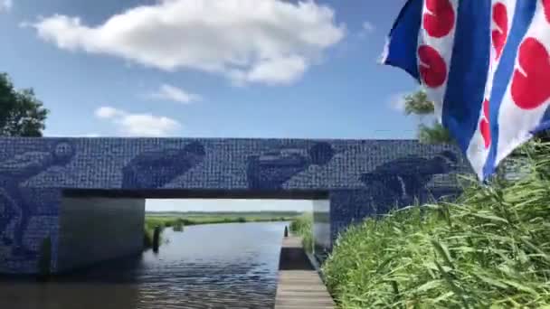 Frisian Flag Elfstedenmonument Bridge Murk River Friesland Netherlands — Stock Video