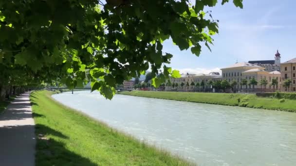 Panela Rio Salzach Com Ponte Mozartsteg Salzburgo Áustria — Vídeo de Stock