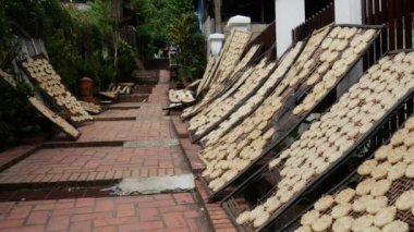 Luang Prabang 'da güneşte kuruyan yiyeceklerle sokaklarda yürüyen bir kadın.