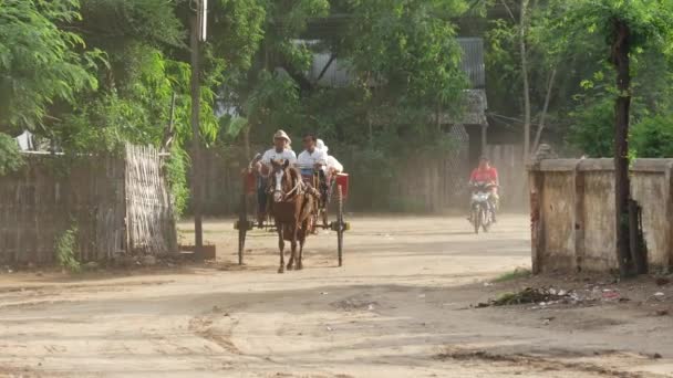 Kuda Dan Mobil Dengan Wisatawan Jalan Jalan Bagan Myanmar Burma — Stok Video