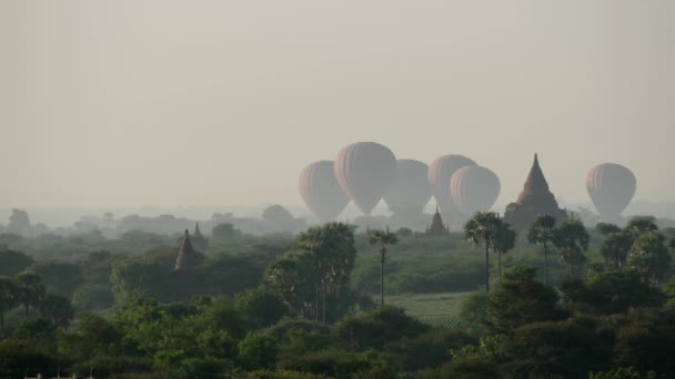 Ballons Atterrissant Ensemble Près Des Pagodas Bagan Myanmar Birmanie — Video