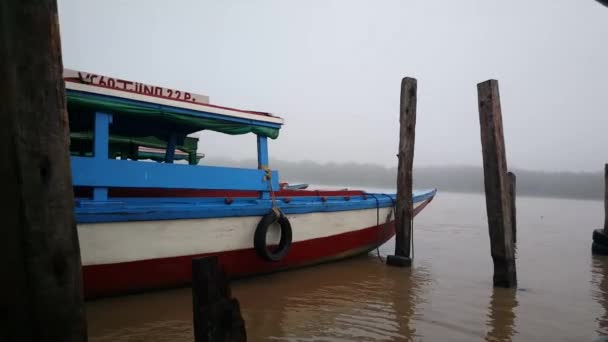 Båt Lämnar Hamnen Vid Dimmig Flod Surinam — Stockvideo